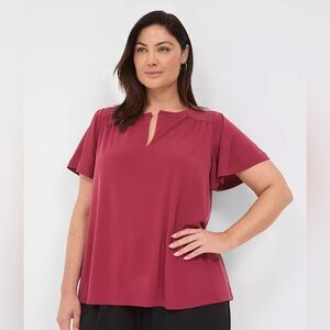 Lane Bryant Flutter-Sleeve Keyhole-Front Top- Red